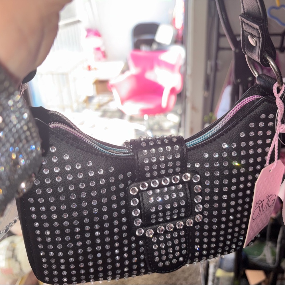Black Studded Rhinestone Buckle Shoulder Bag